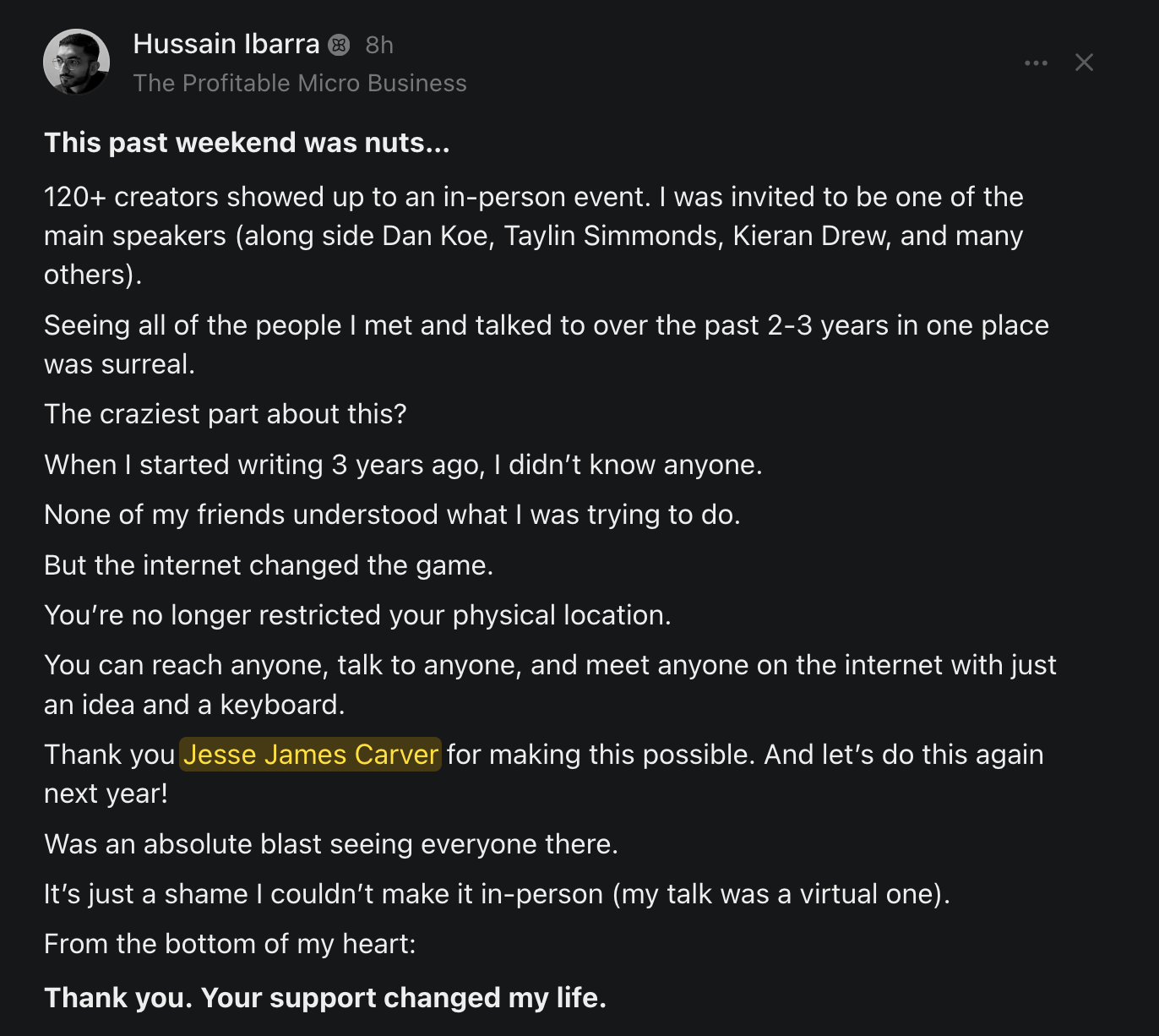 A 2026 summit attendee's social post